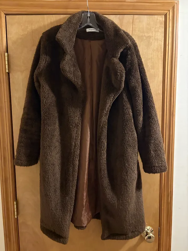 Angashion Women's Brown Fuzzy Fleece Lapel Open Front Long Coat Faux Fur - Image 2