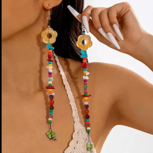 Boho-Chic Acrylic Resin Colorful Beaded Tassel Earrings with‎ Flower Charms - Image 9