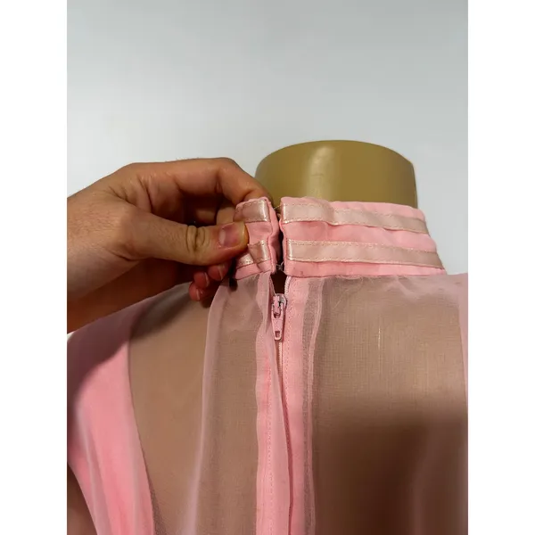 Vintage 70s Pink Chiffon Maxi Gown Sheer Bishop Sleeve Mock Neck Formal Dress - Image 8