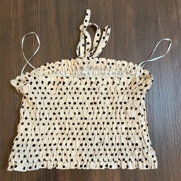 Statement Polka Dot Smocked Halter Tube Top Cream Black Linen Blend Large Boho - Image 6