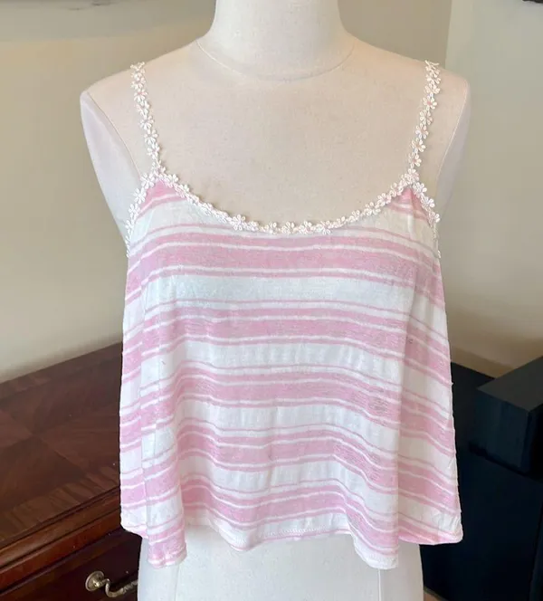 Love j Crop Top Pastel Pink Stripe Shirt Flowy Daisy Straps - Image 5