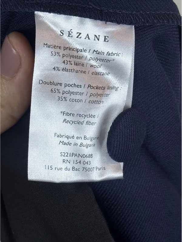 Sézane Phil Trousers Navy Wool Blend High Rise Wide Leg Pants FR 34 US 2 - Image 4