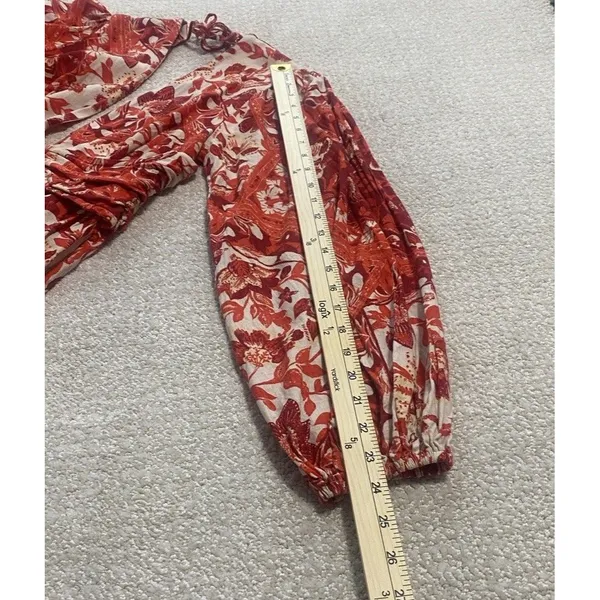 Free People Red Cream Floral V-Neck Long Balloon Sleeve Romper S Rayon - Image 14