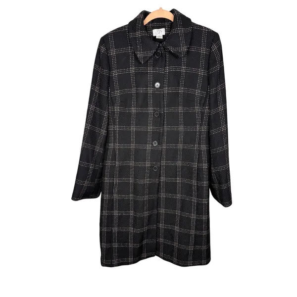 Ann Taylor LOFT Black White Plaid Wool Coat‎ Size 12 Preppy Minimalist - Image 2