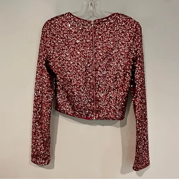 Lulus Prize-Winner Sequin Long Sleeve Crop Top Women's‎ Medium Burgundy Holiday - Image 8