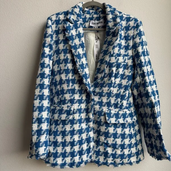 NWT Steve Madden Blue Houndstooth Preppy Tweed Office Blazer Jacket Size Medium - Image 2