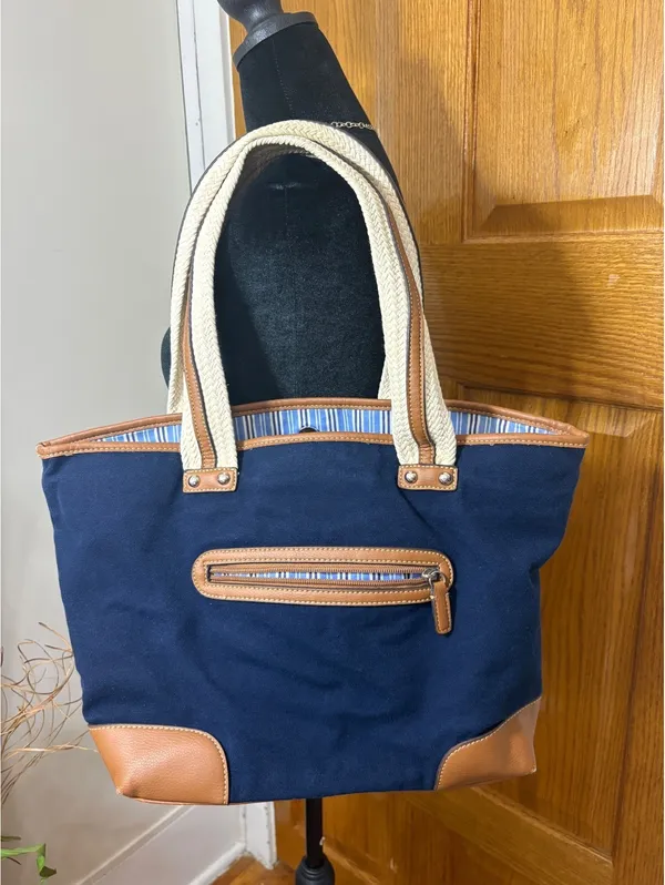 American Living Navy Blue Tote Bag Tan Trim - Image 2