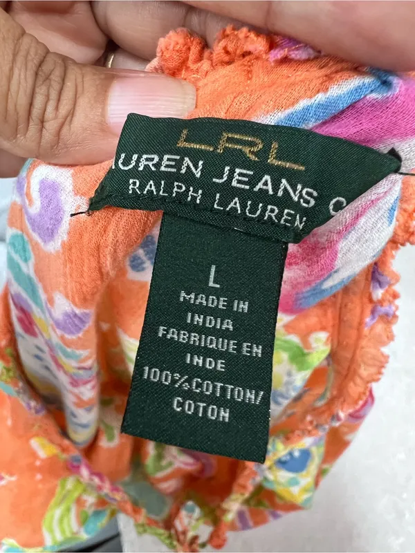 Lauren Ralph Lauren Orange Floral Paisley Peasant Blouse L 100%cotton - Image 2