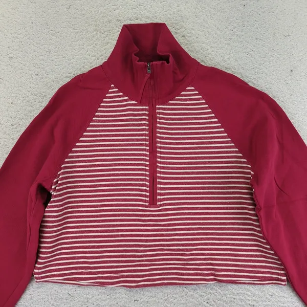 PILCRO Collared Half Zip Red Striped Cropped Quarter Pullover Sweatshirt‎ Medium - Image 3