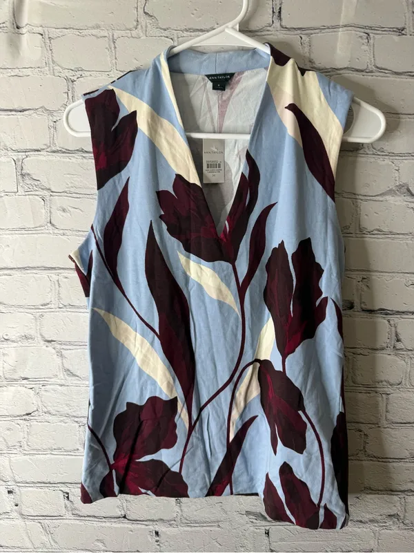 Ann Taylor Sleeveless V-Neck Floral Top - Light Blue & Burgundy medium - Image 4