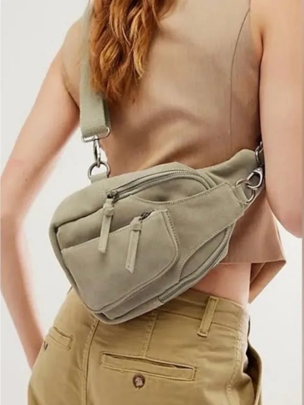 Free People Beige Pebble Hudson Suede Leather Sling Crossbody Bag Minimal - Image 2