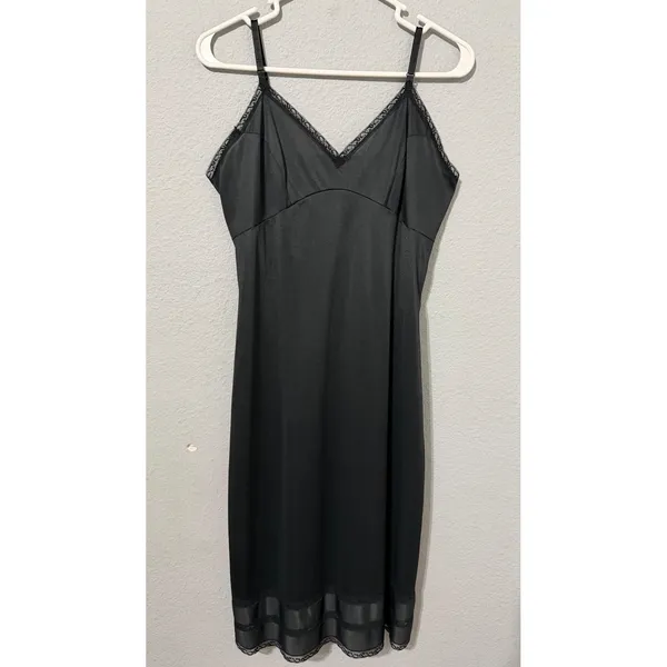 Vintage 90s Black Lace Trim Full Slip Dress S Adjustable Straps Midi Length - Image 9