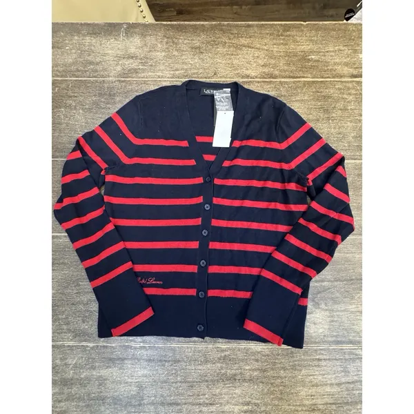 Lauren Ralph Lauren Women Striped Cotton Cardigan Sweater Navy/Red Size Large - Image 11