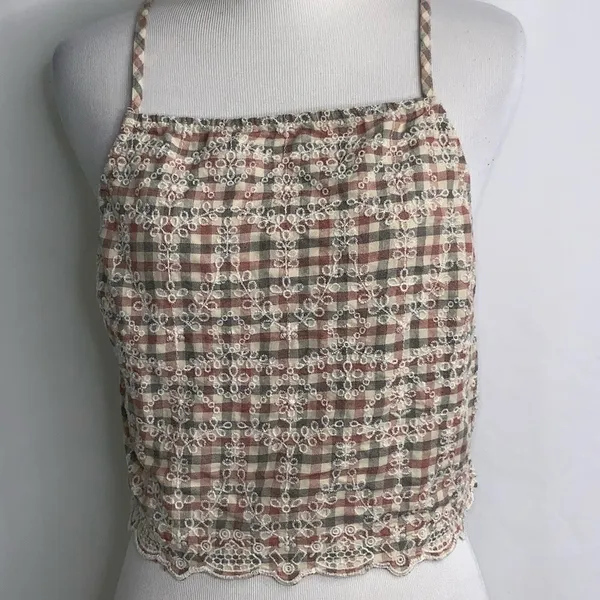 American Eagle Gray & Red Checkered Cropped Spaghetti Strap Tank Top L - Image 3