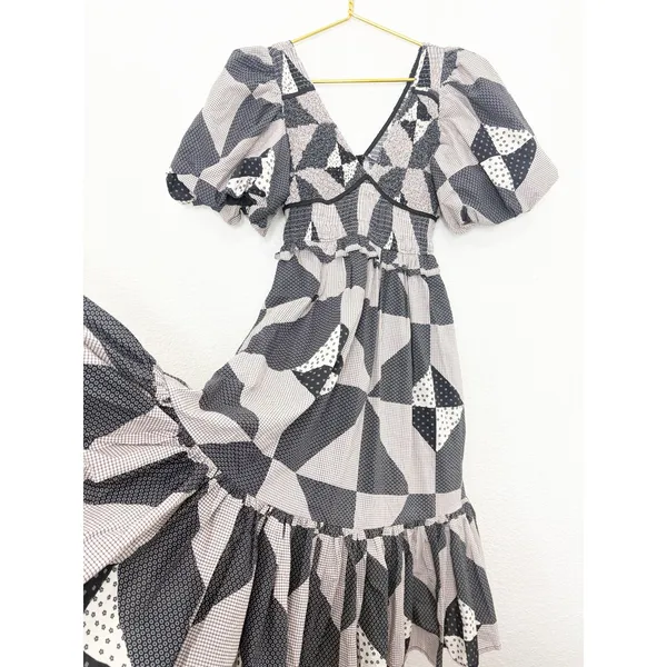 Bohme Brielle Patchwork Midi Dress Size Medium Puff Sleeve Check Plaid Boho - Image 12