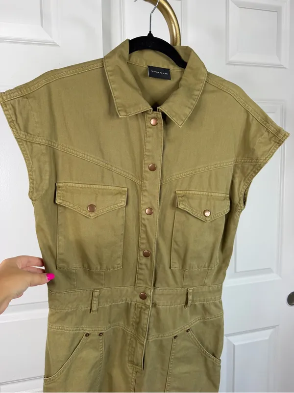 Miou Muse Sz M Olive Utility Romper Cotton Military Safari Short Sleeve - Image 4