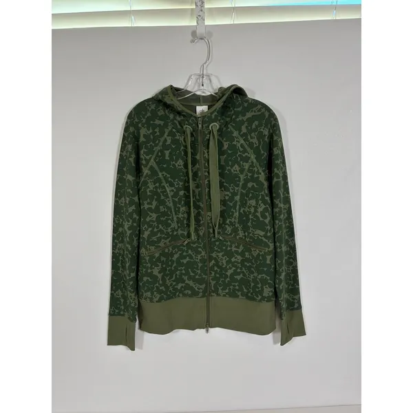 Cabi Marathon Jacket Womens M Green Camo Full Zip Hoodie Thumbholes 6030 - Image 11