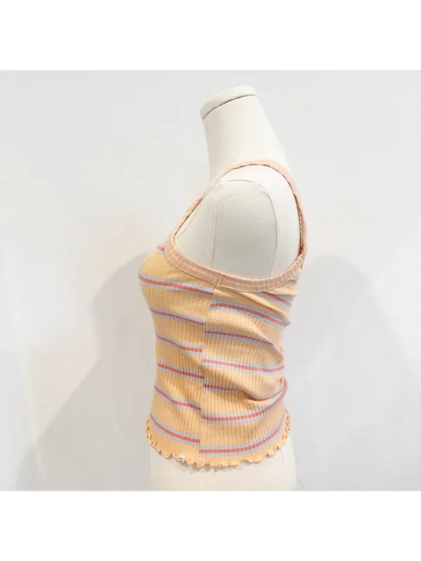 Billabong Tank Top Size Large Apricot Orange Striped‎ Ribbed Lettuce Trim Soft - Image 5