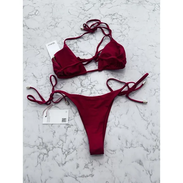 NWT Quince Cherry Red Italian Triangle Bikini Top & Adjustable Side Tie Bottom S - Image 2
