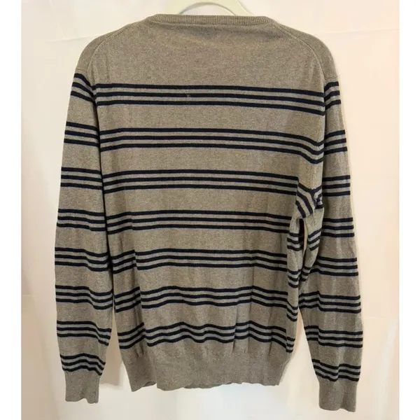 J.Crew Mens Cotton Cashmere Striped Crewneck Sweater Grey Navy Blue Large - Image 2