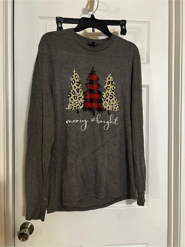 Christmas Long Sleeve Top with Red Buffalo Plaid & Leopard Tree Graphic - Image 2