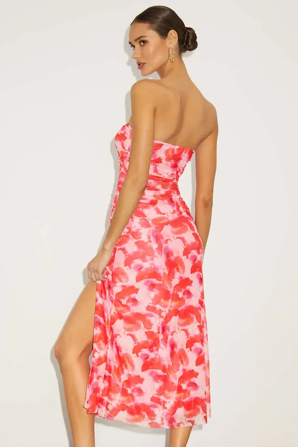 New Lulus Chania Pink Multi Abstract Strapless Midi Dess Size Small MSRP $59 - Image 4