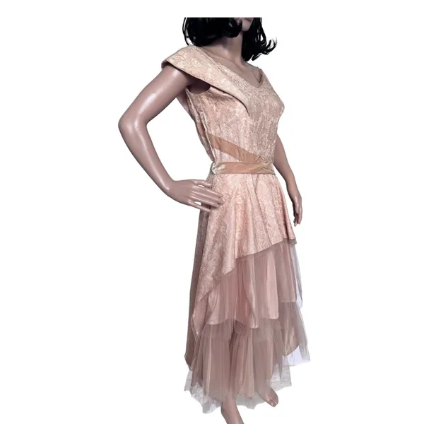 Vintage 1950s 1960s Handmade Champagne Lace Tulle Party Dress XS - Image 5