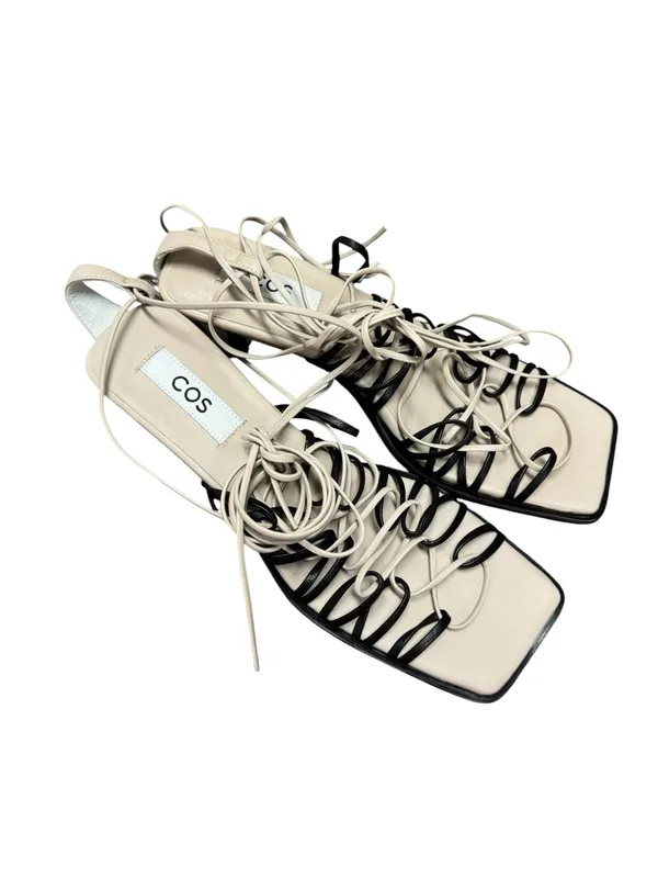COS Lace Up Strappy Square Toe Sandals Leather Heels Black Cream US 10 EU 41 - Image 3