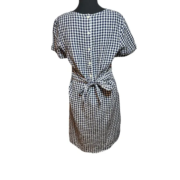 J.McLaughlin Navy Blue White Gingham Linen Cotton Tie Back Dress Size 6 Cottage - Image 4