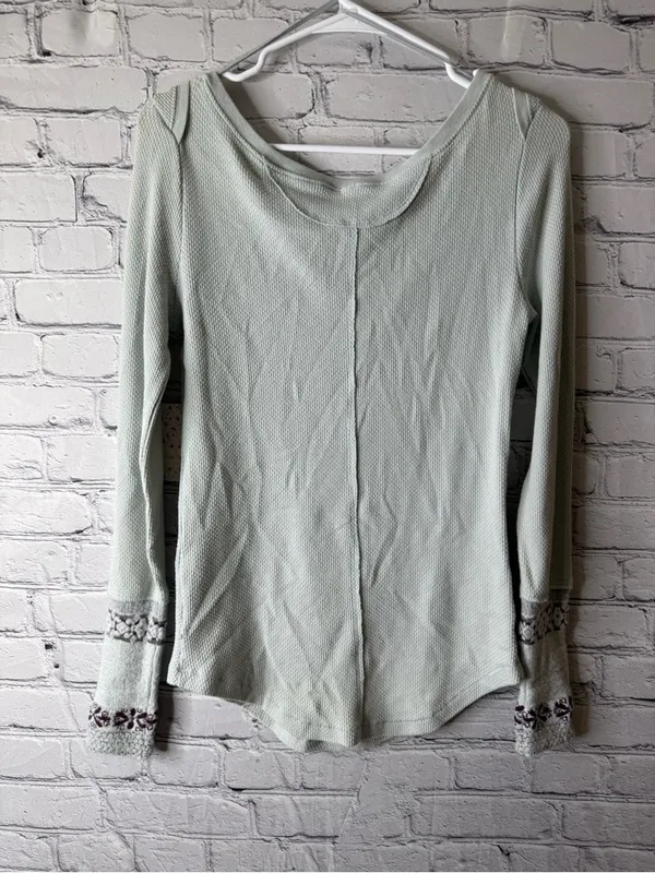 NWT Free People Sage Green Thermal Long Sleeve with Embroidered Cuffs large - Image 7