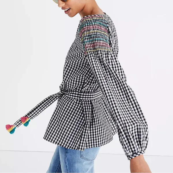 Madewell Smocked Black & White Checkered Gingham Tassel Top with Embroidery S - Image 7