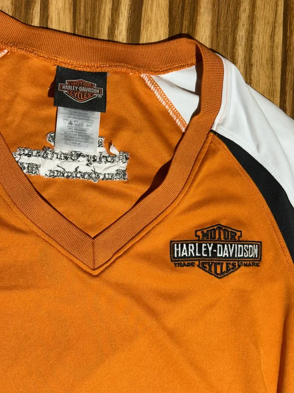 Harley-Davidson Morgantown WV Orange and White V-Neck Tee - Image 4