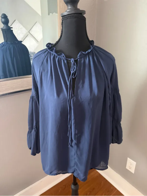 Current Air Ruffle Tie Boho Peasant Navy Sheer Fairycore Blouse Medium - Image 2