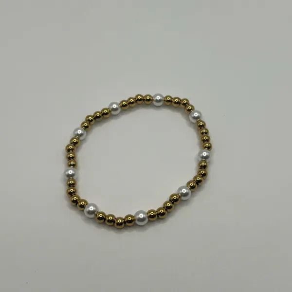 Womens Pearl Gold Chunky Bead Stretch Bracelet 18k Plated Saphir New - Image 2