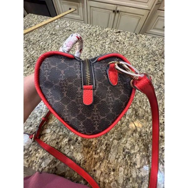 Nanette Lepore Brown and Red Barrel Handbag Heart Shape Cherry Accents - Image 4