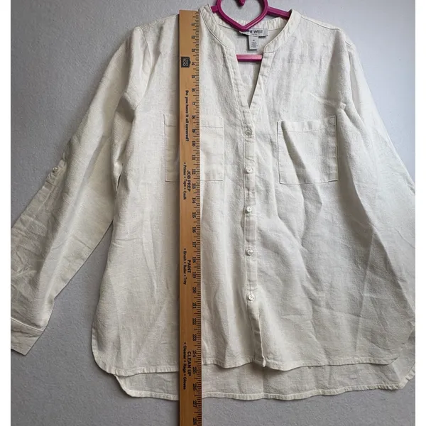Nine West Jeans Womens Linen Blend Button Down Top Cream Long Sleeve Medium - Image 11