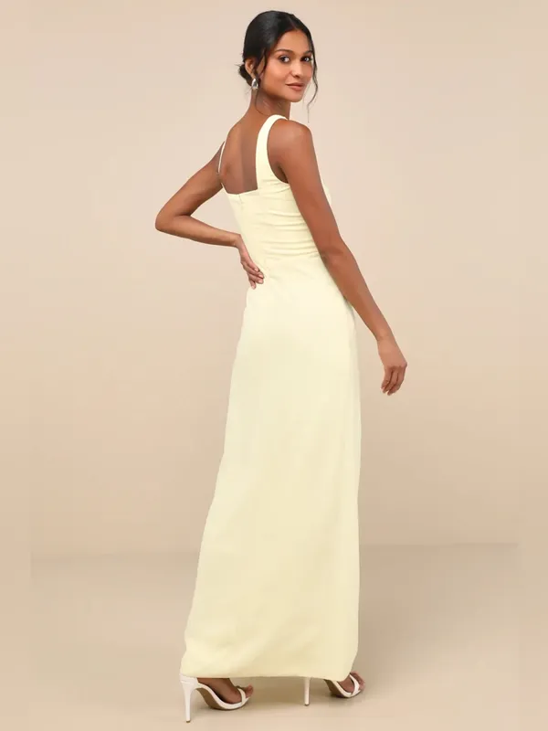 Lulus Glamorous Disposition Light Yellow Ruched Maxi Dress Size Small NWT - Image 2
