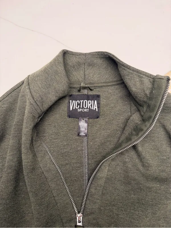 Victoria Sport Olive Green Full Zip Mock Neck Track Jacket with Thumbholes Large - Image 3