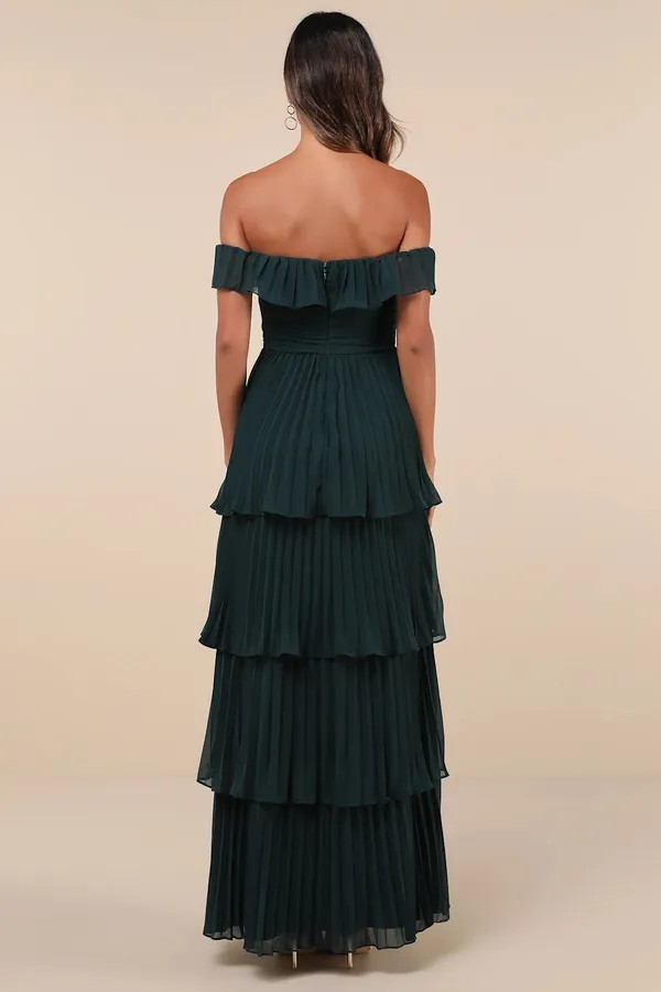 Lulus Always Remarkable Emerald Pleated Off-the-Shoulder Maxi Dress - Image 2