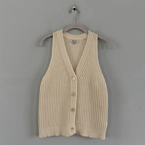 Madewell Cutaway Bright Ivory Knit V Neck‎ Cotton Blend Sweater Vest - Image 4