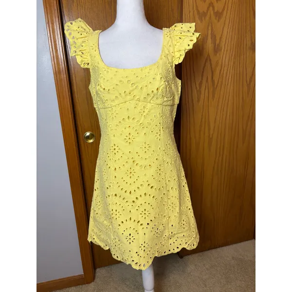 En Saison Guinevere Dress Lemoncello Yellow Eyelet Ruffle Mini Dress Large - Image 3