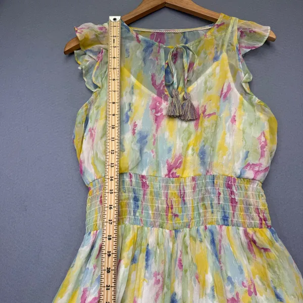 Anthropologie Watercolor Maxi Dress Yellow‎ Pink Blue Smocked Waist Size 4 - Image 5