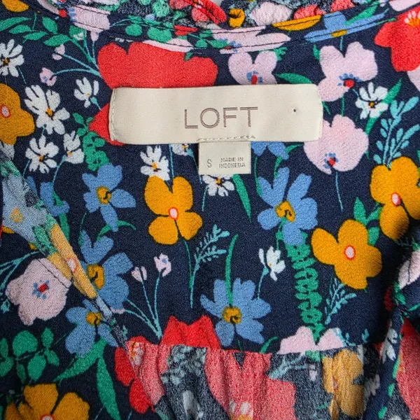 LOFT Womens Floral Ruffle Split Neck Tie Blouse Navy‎ Blue Multi Color Small - Image 3