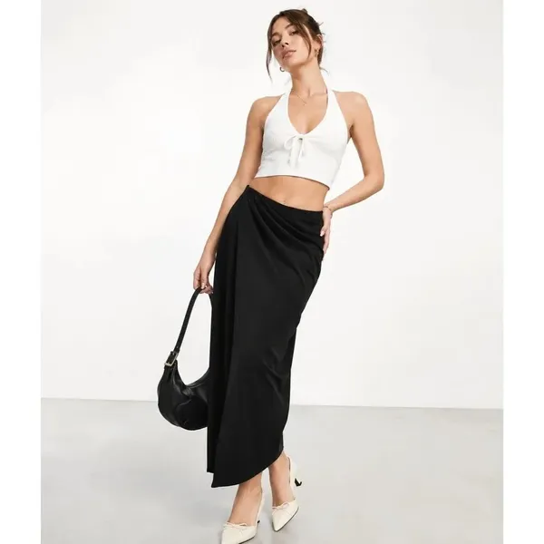 Abercrombie & Fitch‎ Black Draped Wrap Midi Skirt XS Elastic Waist Lined Stretch - Image 2