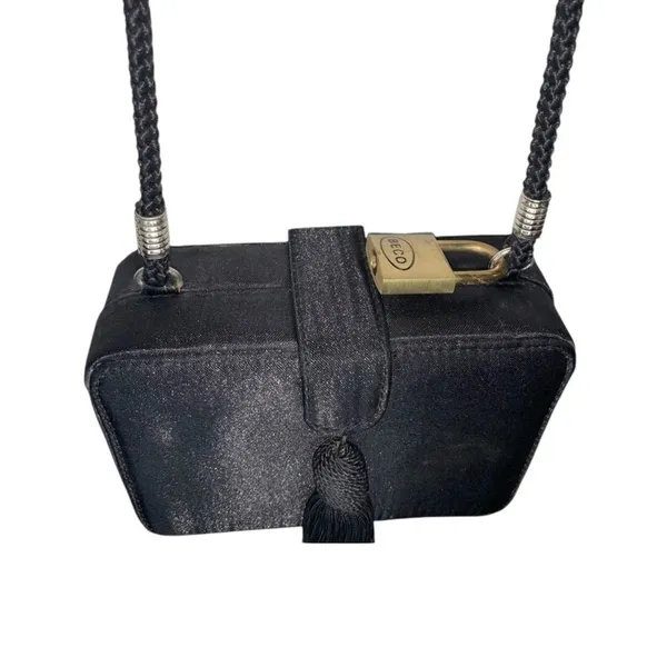 Jessica McClintock Black Satin Box‎ Clutch Purse Tassel & Rope Strap Evening Bag - Image 5