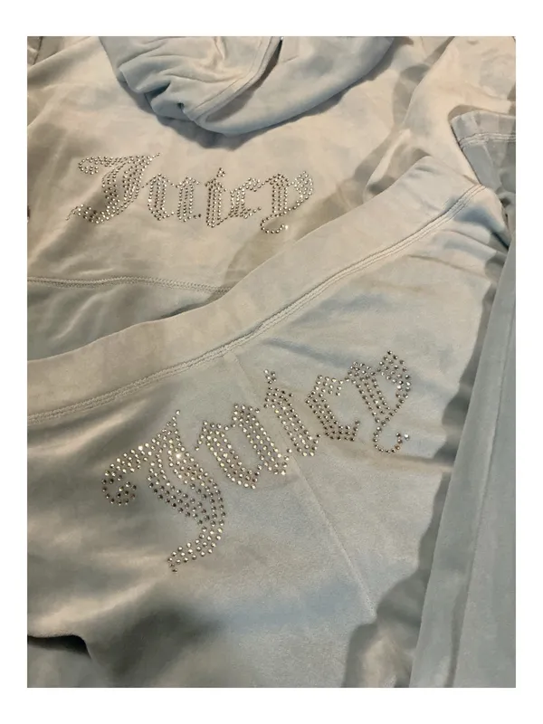 Juicy Couture Ice Blue Velour Tracksuit Set – Big Bling Rhinestone Logo Hoodie & Pants – Size L - Image 3