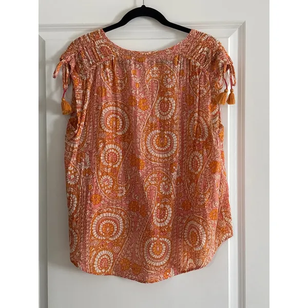 Anthropologie Terra Shirred Orange Paisley Tassel Tie V-Neck Blouse Large - Image 6