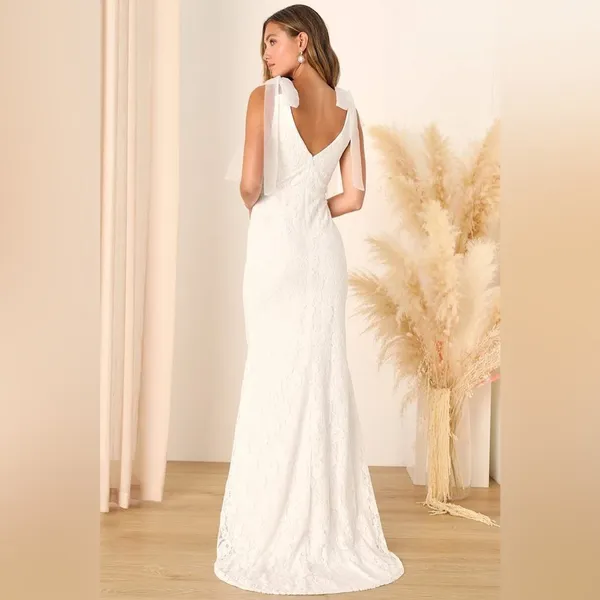 LULU’S Eternally Yours White Lace Tie-Strap Mermaid Maxi Dress - Image 6