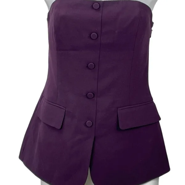 Aritzia Babaton Purple Strapless Tube Bandeau Button Up Peplum Blouse Top Size M - Image 3