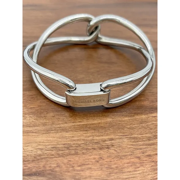 Michael Kors Silver Tone Knot Bracelet Hinged Bangle Signed Minimalist Statement - Image 2